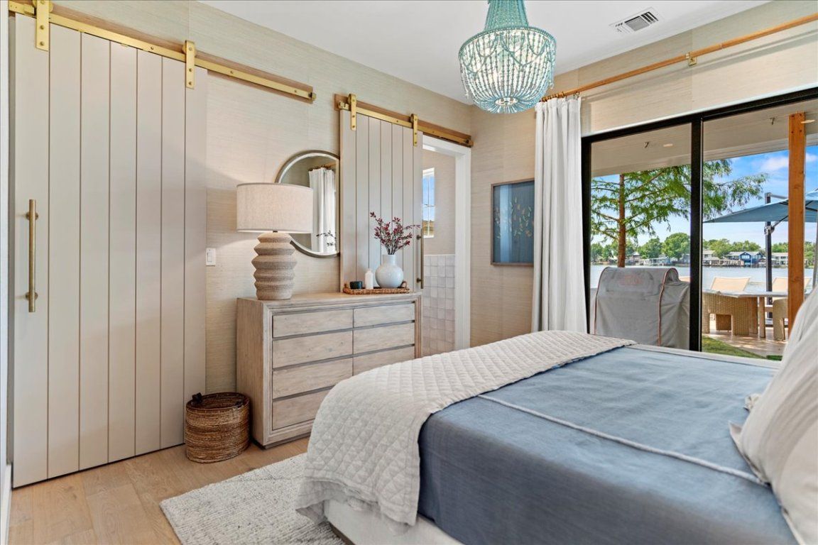 Bedroom, Chandelier, Interior, Water, Wood Texture Flooring