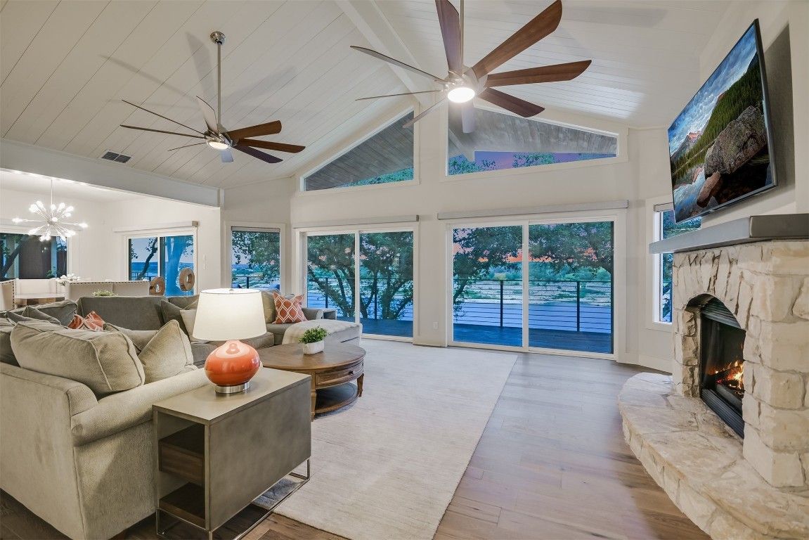 Fireplace, Interior, Living room, Pendant Lights, Wood Texture Flooring