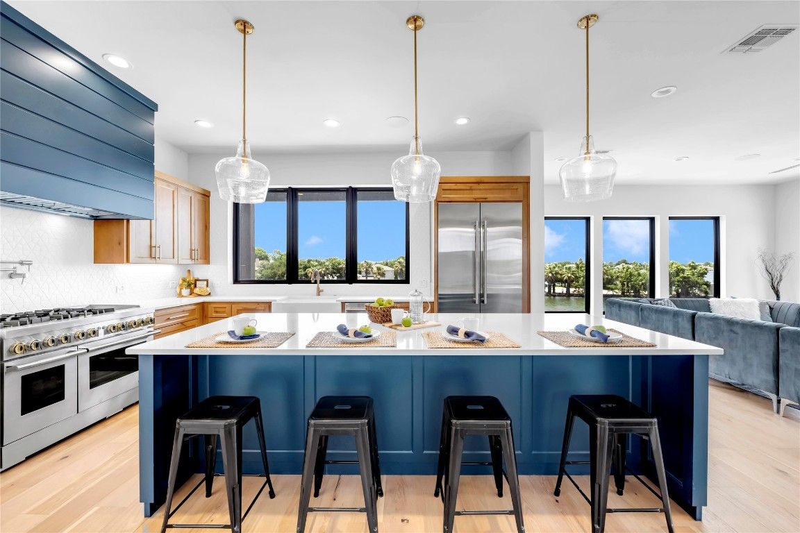 Interior, Kitchen, Pendant Lights, Recessed Lighting, Stainless Steel Appliances, Wood Texture Flooring