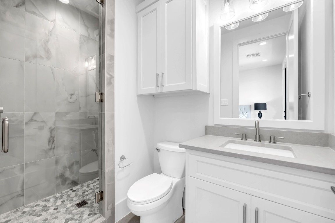 Bathroom, Glass Shower, Interior, Marble Walls, Recessed Lighting