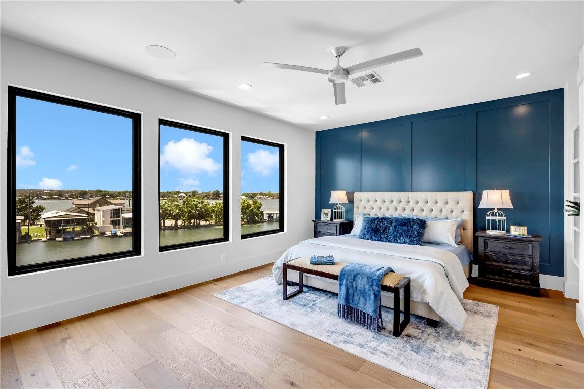 Bedroom, Interior, Recessed Lighting, Wood Texture Flooring