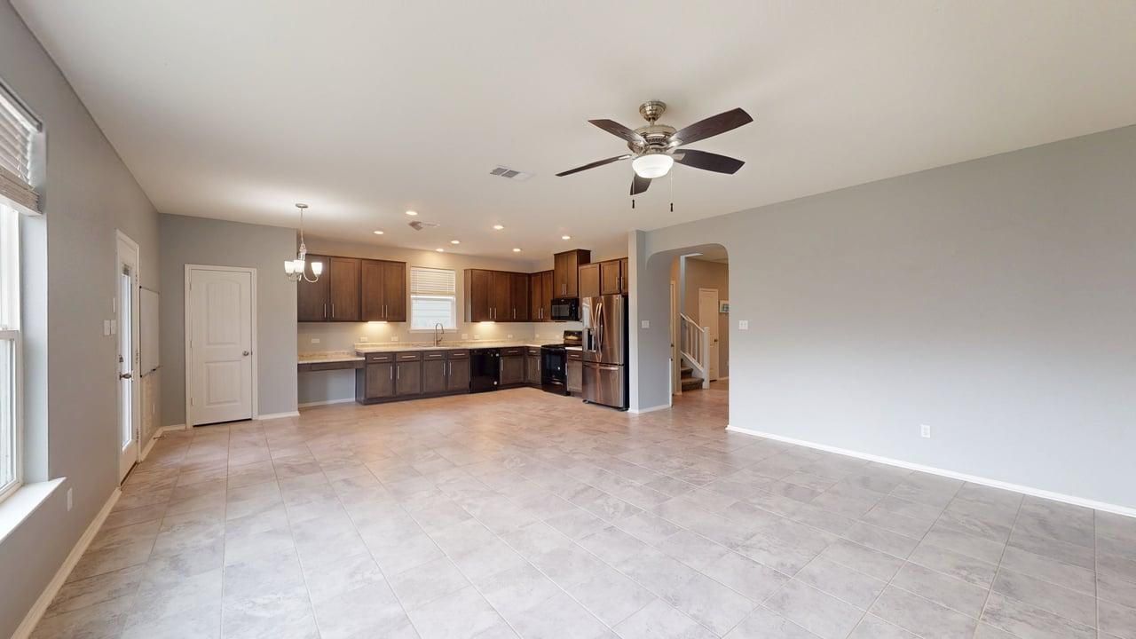 Empty room, Interior, Kitchen, Pendant Lights, Recessed Lighting, Stainless Steel Appliances