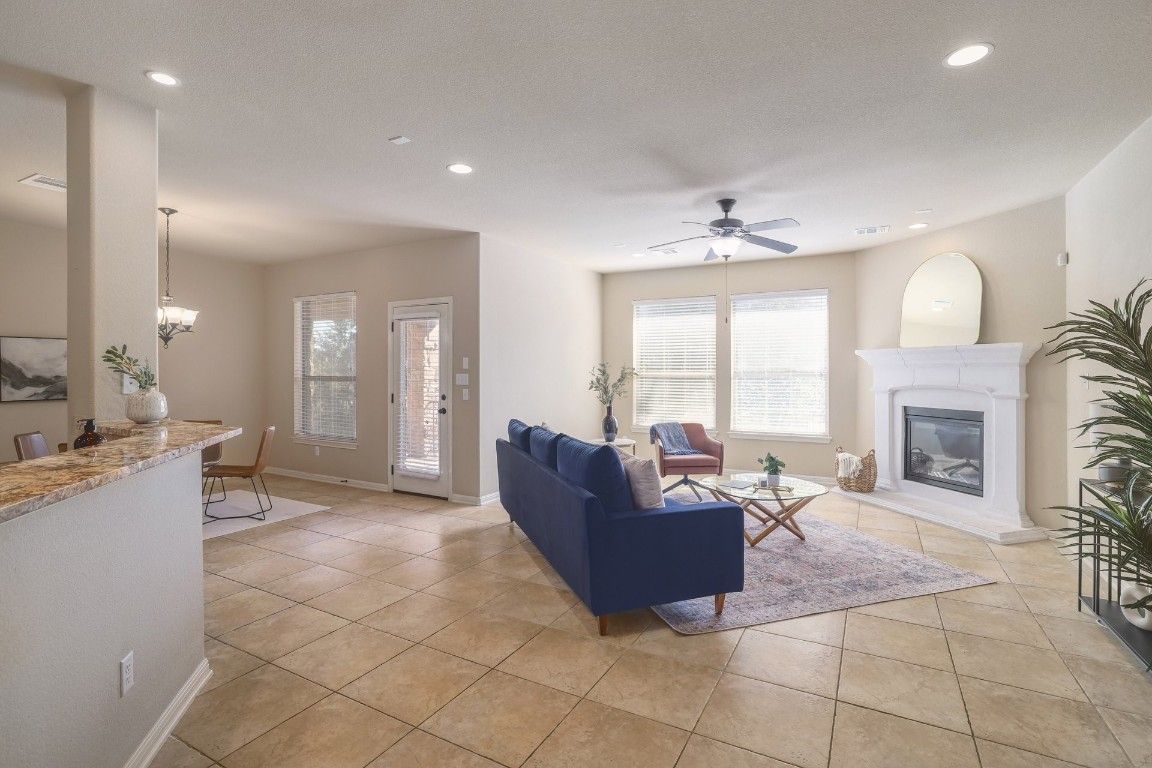 Dining room, Fireplace, Interior, Living room, Pendant Lights, Recessed Lighting
