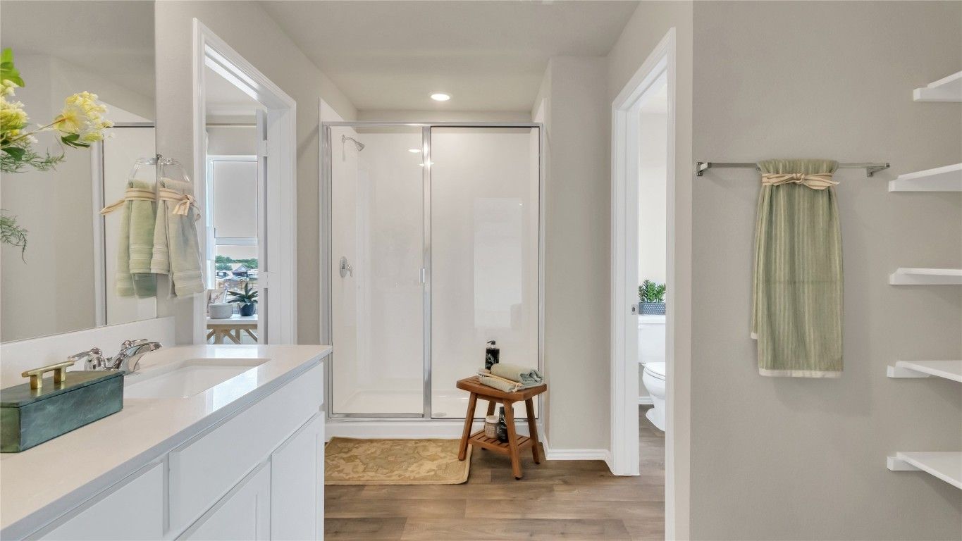Bathroom, Interior, Recessed Lighting, Wood Texture Flooring