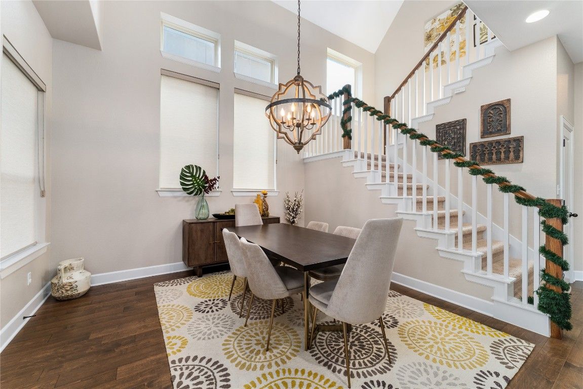 Chandelier, Dining room, Interior, Recessed Lighting, Wood Texture Flooring