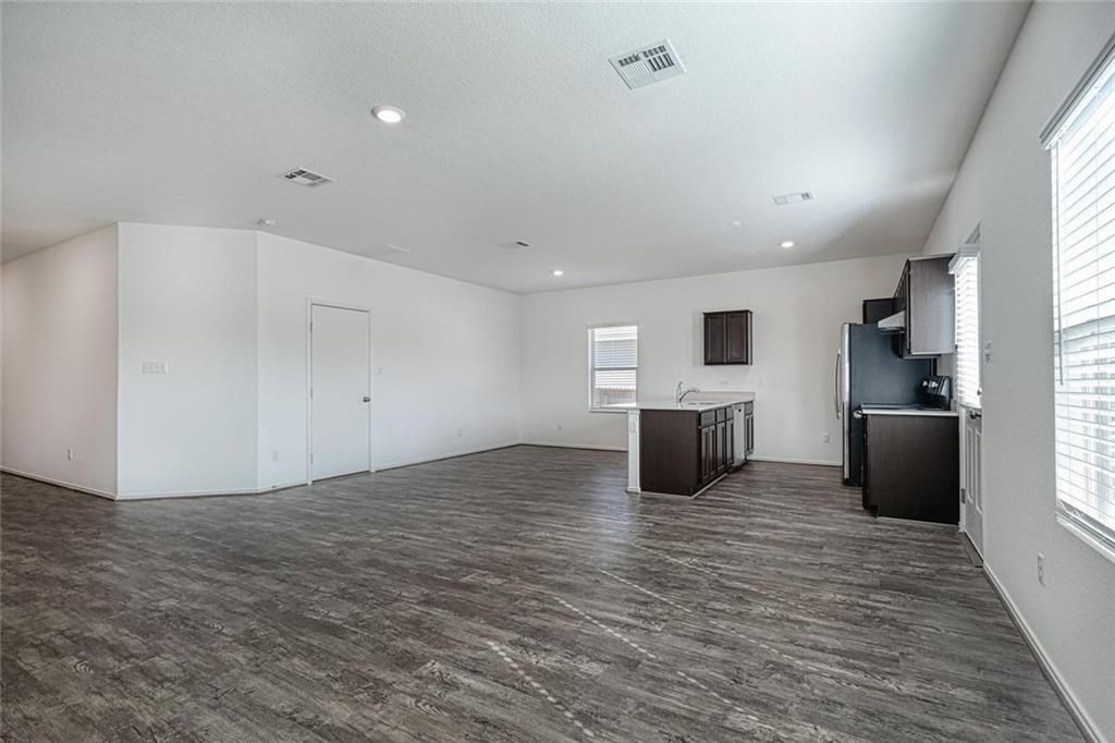 Empty room, Interior, Kitchen, Recessed Lighting, Wood Texture Flooring