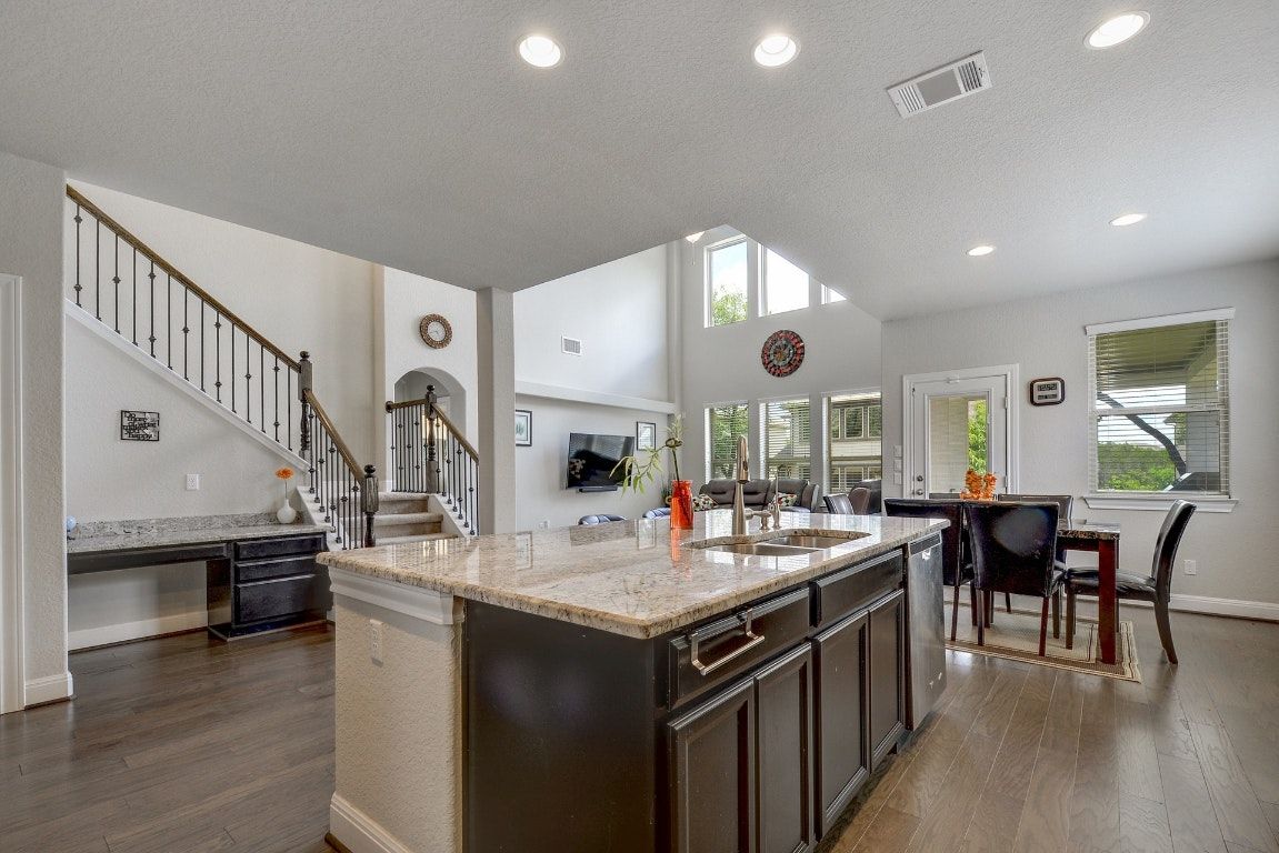 Dining room, Interior, Recessed Lighting, Wood Texture Flooring