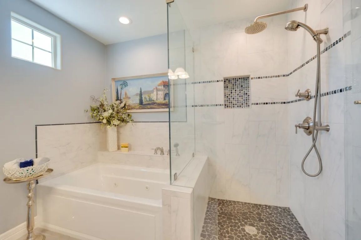 Bathroom, Glass Shower, Interior, Marble Walls, Recessed Lighting