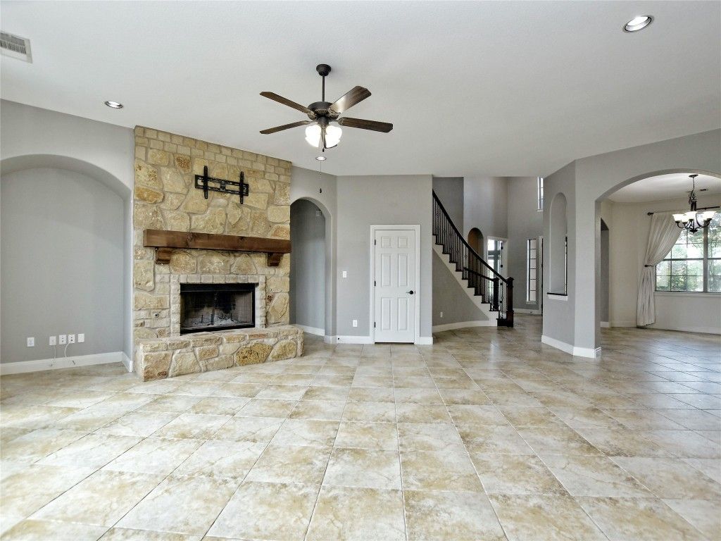 Chandelier, Fireplace, Interior, Recessed Lighting, Stone Walls