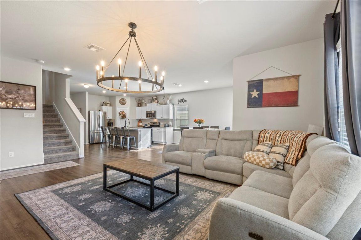 Chandelier, Dining room, Interior, Kitchen, Living room, Pendant Lights, Recessed Lighting, Wood Texture Flooring