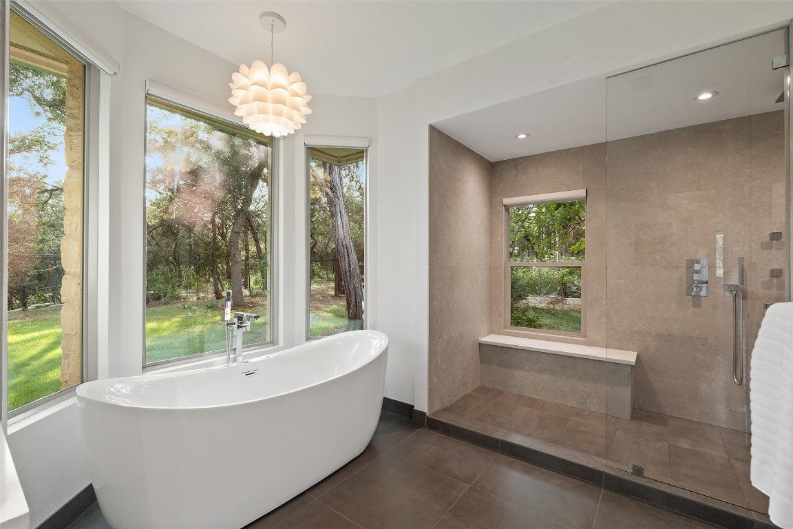 Bathroom, Chandelier, Free Standing Baths, Glass Shower, Interior, Recessed Lighting