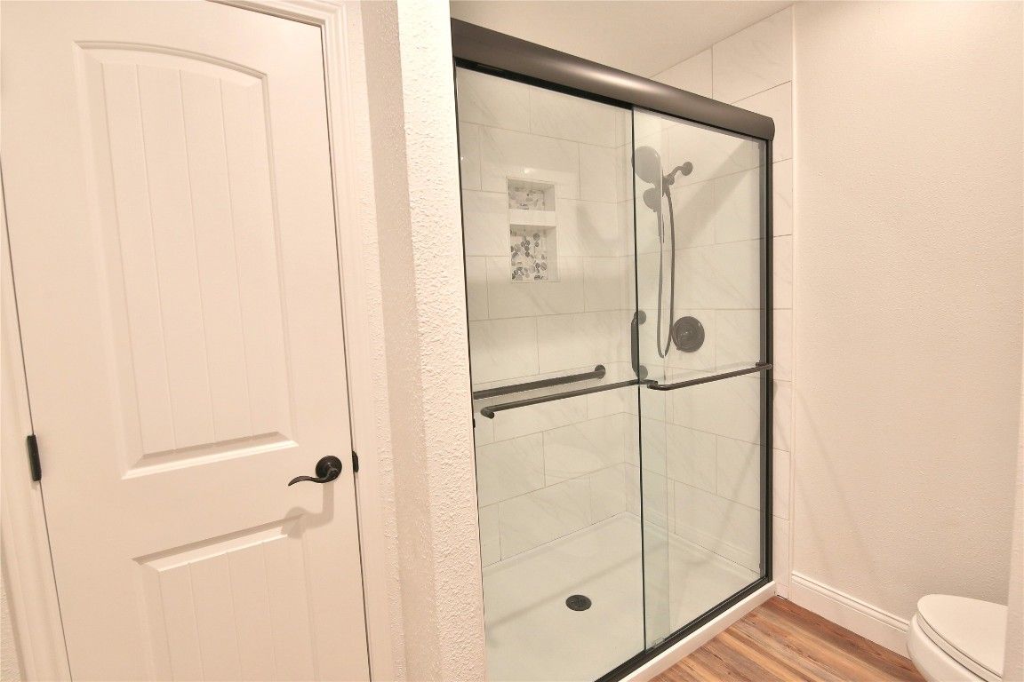 Bathroom, Glass Shower, Interior, Wood Texture Flooring