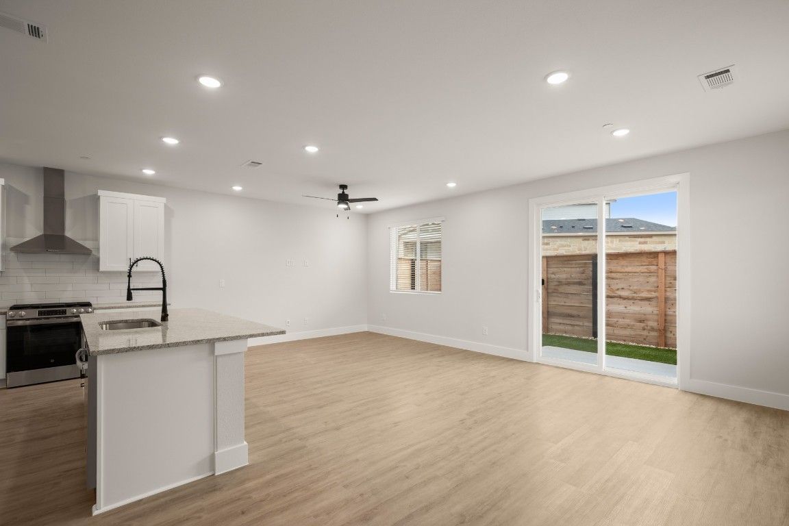 Empty room, Interior, Kitchen, Recessed Lighting, Wood Texture Flooring