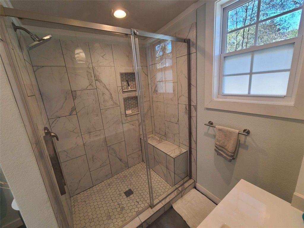 Bathroom, Glass Shower, Interior, Marble Walls, Recessed Lighting