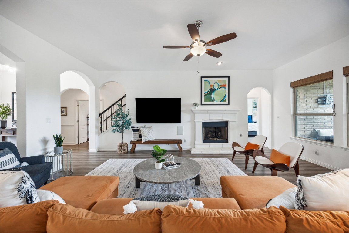 Fireplace, Interior, Living room, Recessed Lighting, Wood Texture Flooring