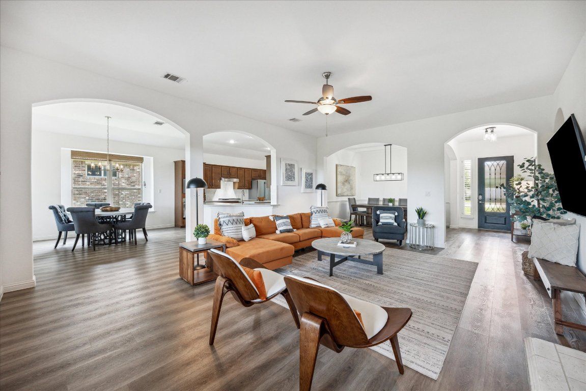 Dining room, Interior, Kitchen, Living room, Pendant Lights, Wood Texture Flooring