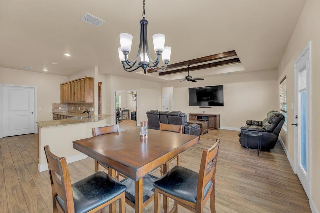 Chandelier, Dining room, Interior, Living room, Recessed Lighting, Wood Texture Flooring