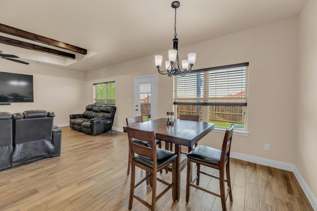 Chandelier, Dining room, Interior, Wooden Beams, Wood Texture Flooring