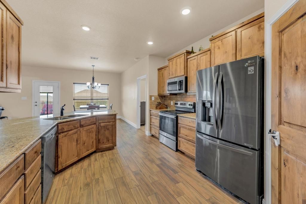 Chandelier, Interior, Kitchen, Pendant Lights, Recessed Lighting, Wood Texture Flooring