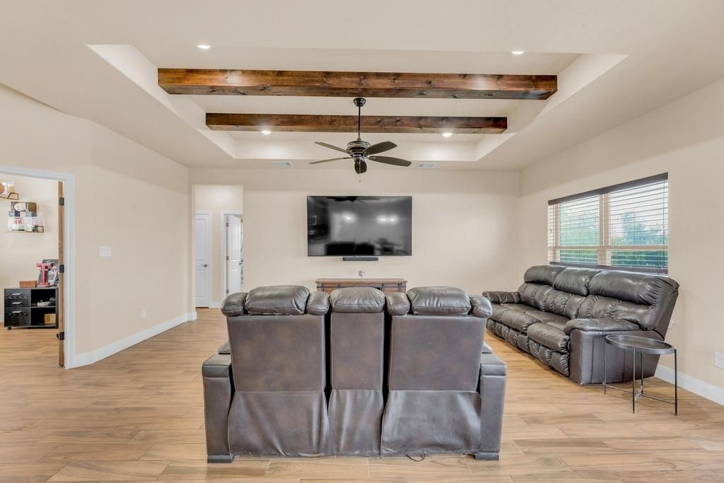 Home Theatre Room, Interior, Living room, Recessed Lighting, Wooden Beams, Wood Texture Flooring