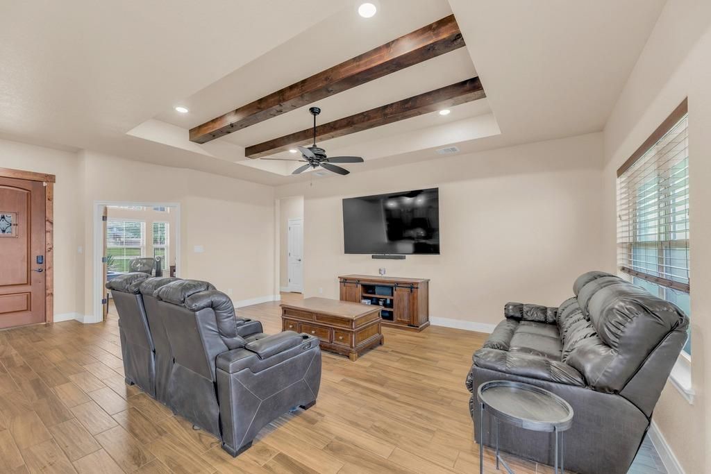 Interior, Living room, Recessed Lighting, Wooden Beams, Wood Texture Flooring