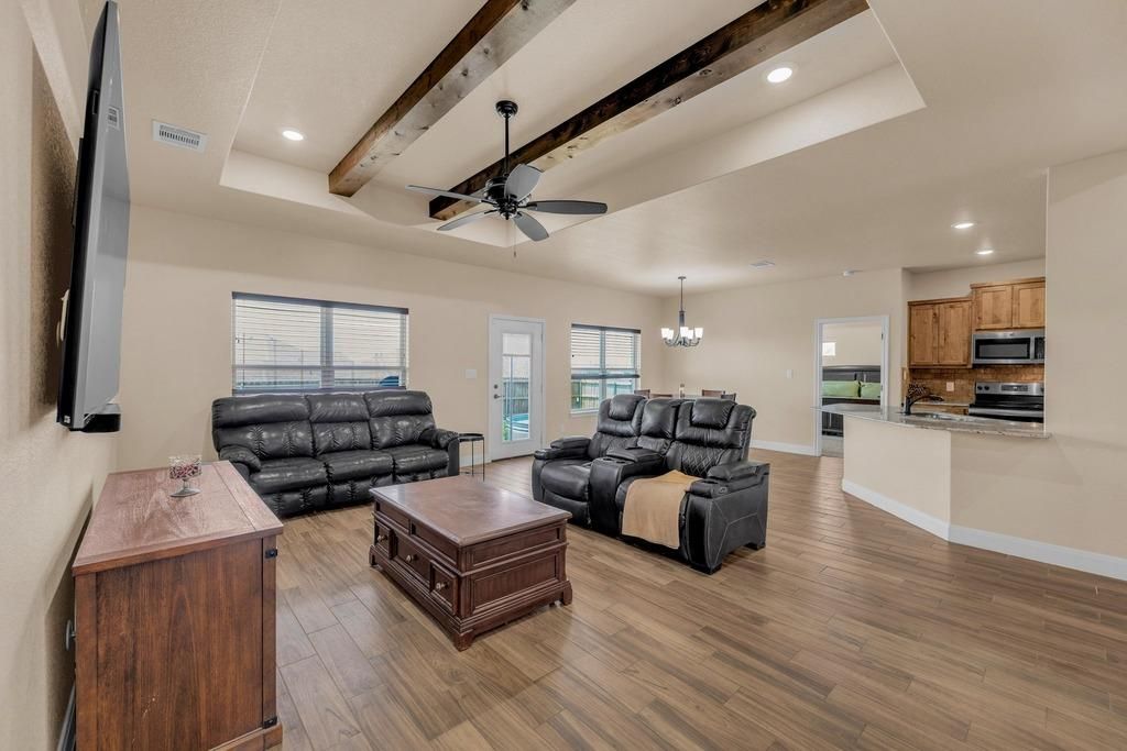 Chandelier, Interior, Kitchen, Living room, Recessed Lighting, Wooden Beams, Wood Texture Flooring