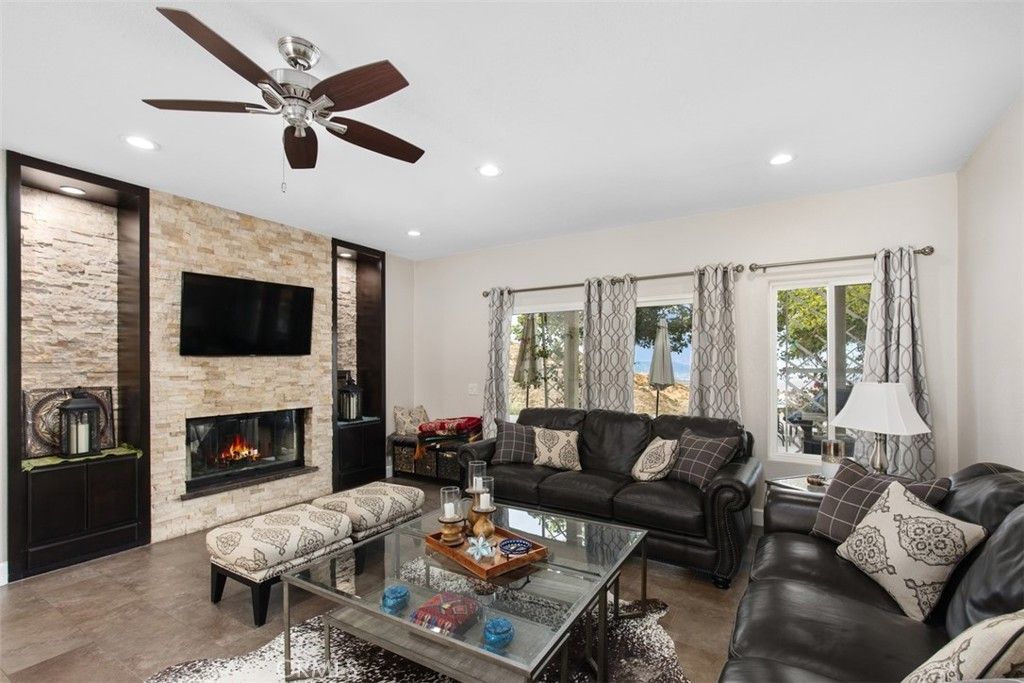 Fireplace, Interior, Living room, Recessed Lighting, Stone Walls