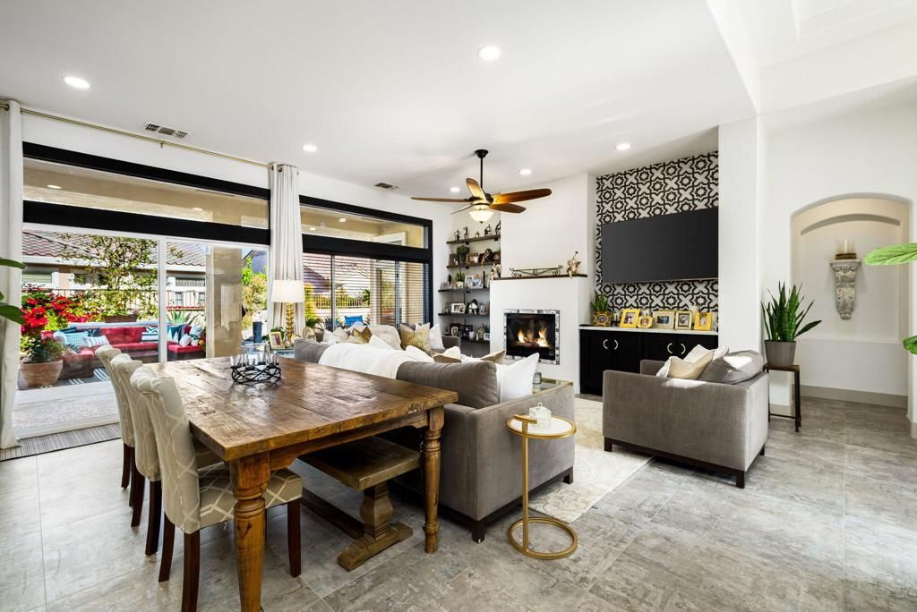 Dining room, Fireplace, Interior, Living room, Recessed Lighting