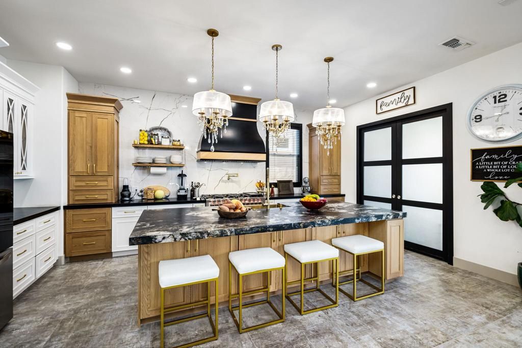 Interior, Kitchen, Marble Walls, Pendant Lights, Recessed Lighting