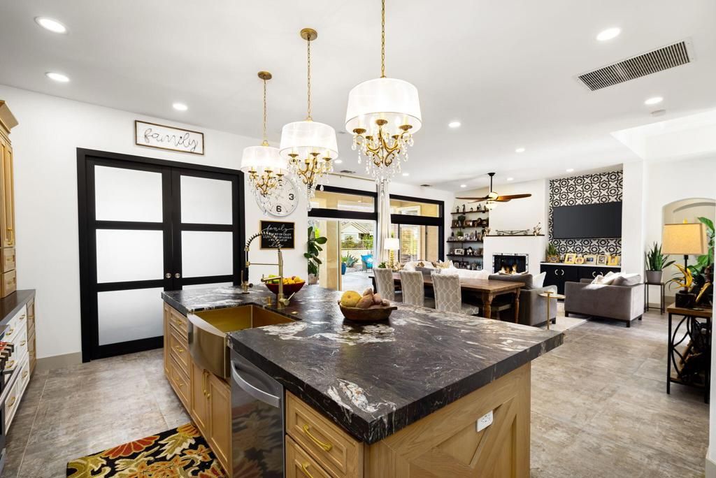 Chandelier, Dining room, Fireplace, Interior, Kitchen, Living room, Pendant Lights, Recessed Lighting
