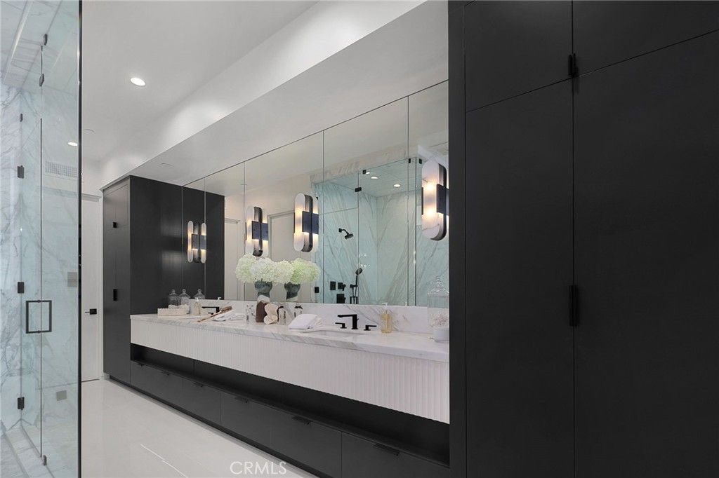 Bathroom, Dual Sink Vanities, Glass Shower, Interior, Marble Walls, Recessed Lighting