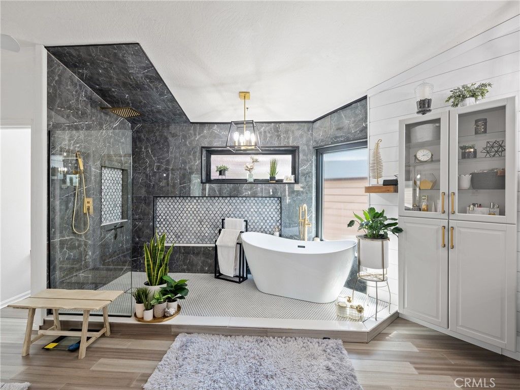 Bathroom, Free Standing Baths, Glass Shower, Interior, Marble Walls, Pendant Lights, Wood Texture Flooring