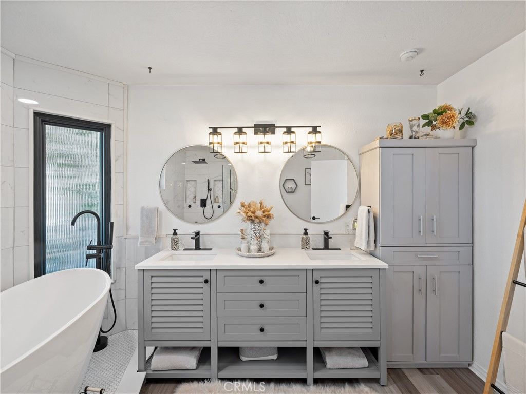 Bathroom, Dual Sink Vanities, Free Standing Baths, Interior, Wood Texture Flooring