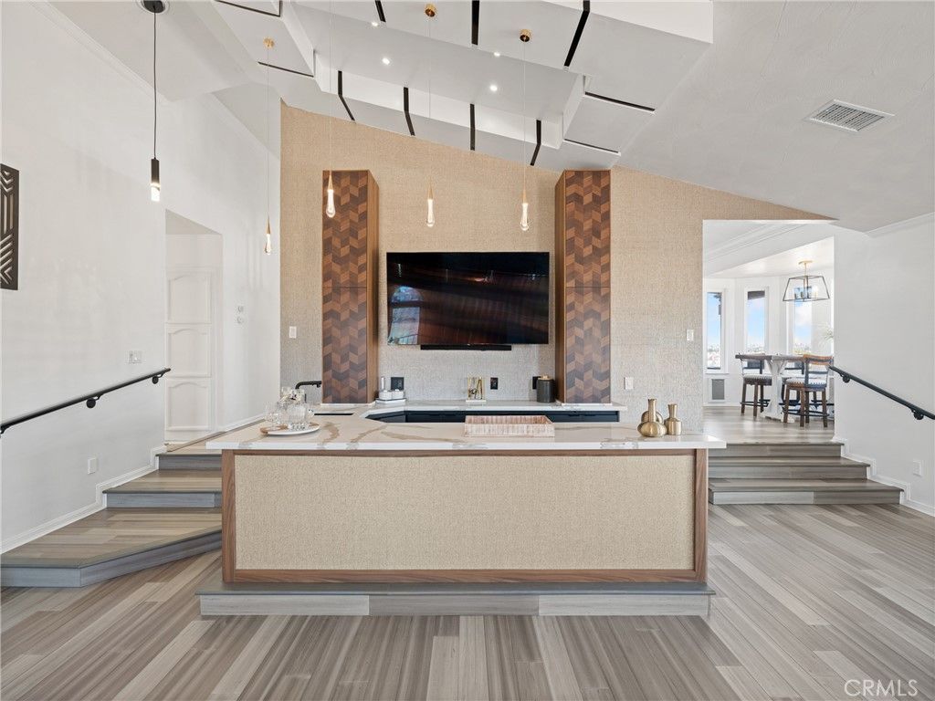 Dining room, Interior, Pendant Lights, Recessed Lighting, Wood Texture Flooring