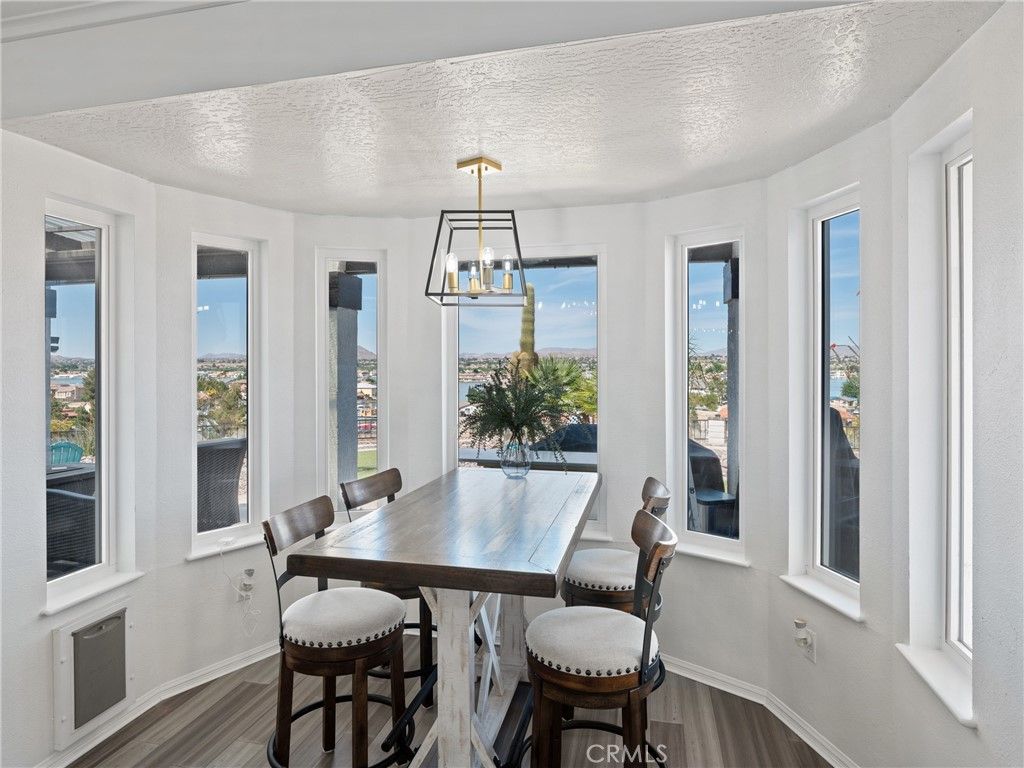 Dining room, Interior, Pendant Lights, Wood Texture Flooring