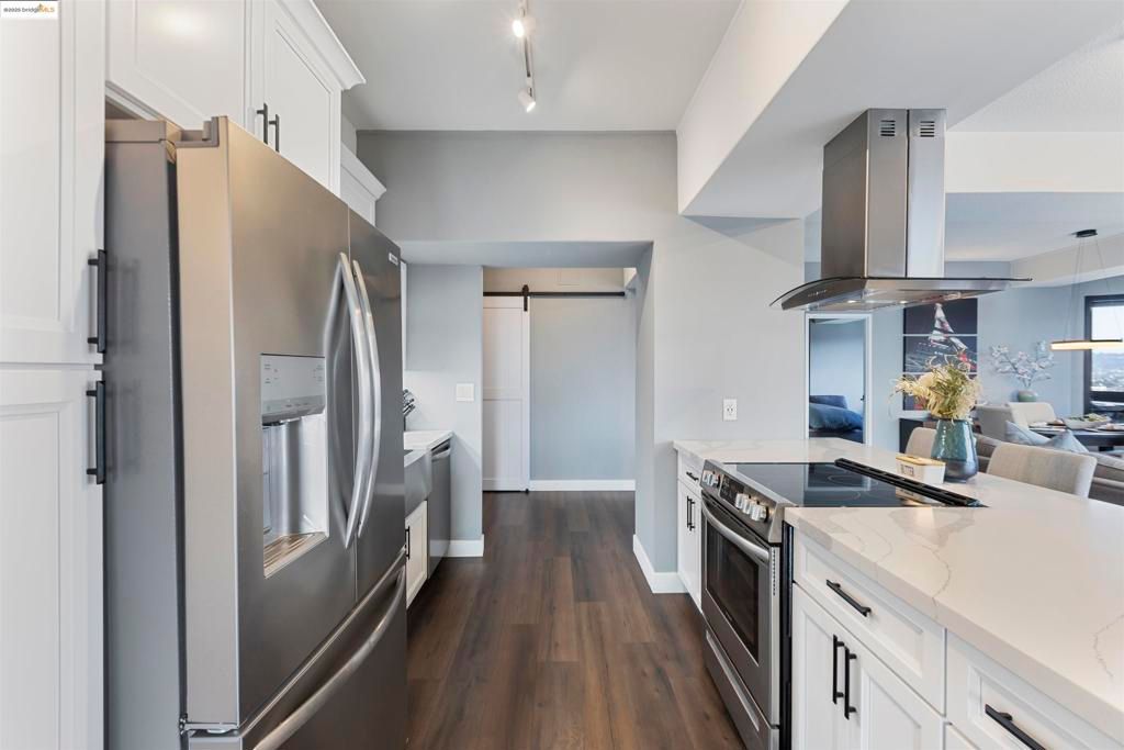 Interior, Kitchen, Pendant Lights, Stainless Steel Appliances, Wood Texture Flooring