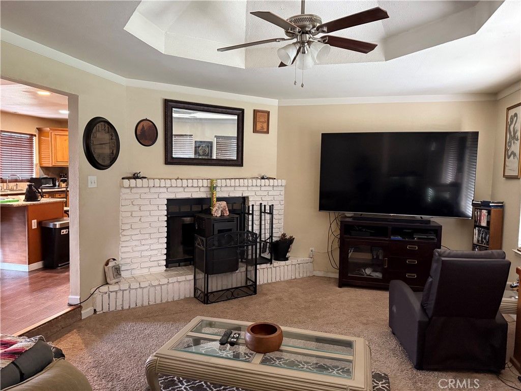 Fireplace, Interior, Kitchen, Living room, Recessed Lighting, Wood Texture Flooring