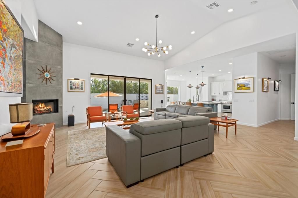 Fireplace, Interior, Kitchen, Living room, Pendant Lights, Recessed Lighting, Wood Texture Flooring