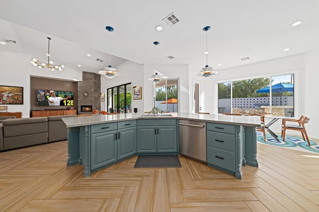 Fireplace, Interior, Kitchen, Living room, Pendant Lights, Recessed Lighting, Wood Texture Flooring