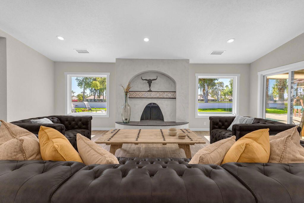 Fireplace, Interior, Living room, Recessed Lighting, Wood Texture Flooring
