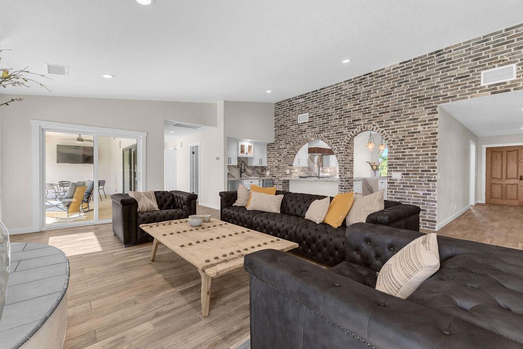Interior, Living room, Recessed Lighting, Stone Walls, Wood Texture Flooring