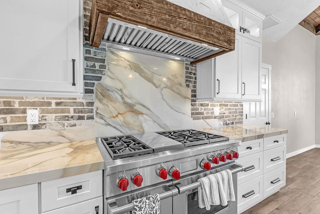 Interior, Kitchen, Marble Walls, Stainless Steel Appliances, Wood Texture Flooring