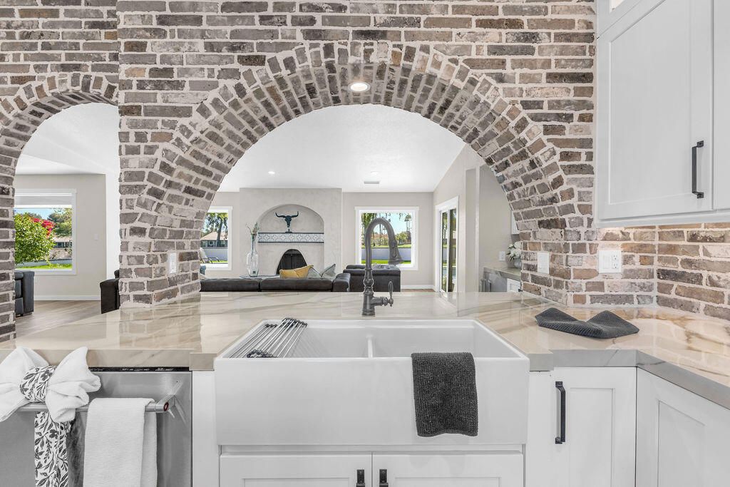 Fireplace, Interior, Kitchen, Recessed Lighting, Stone Walls