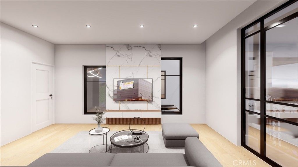 Interior, Living room, Marble Walls, Recessed Lighting, Wood Texture Flooring