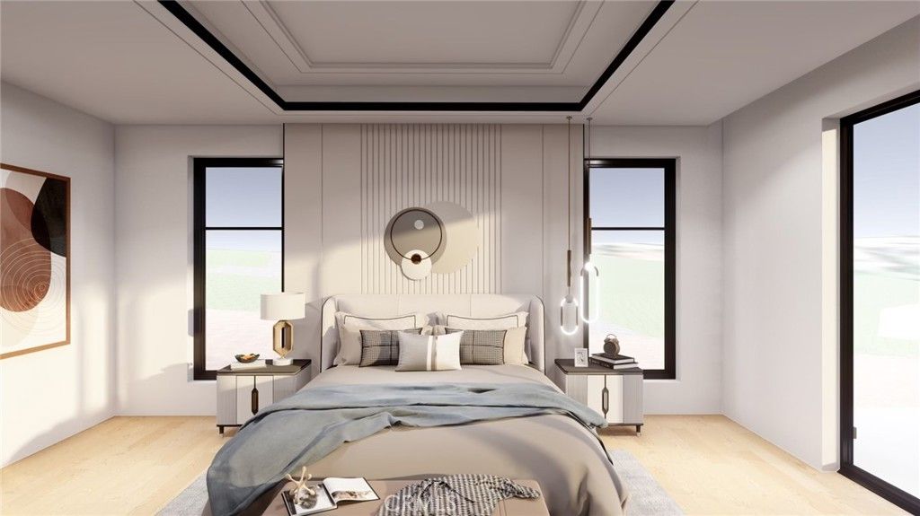 Bedroom, Interior, Pendant Lights, Wood Texture Flooring