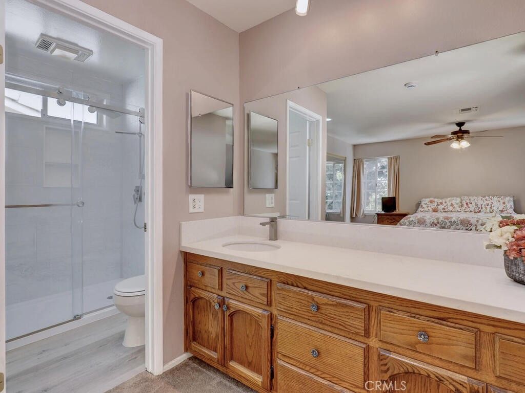 Bathroom, Bedroom, Glass Shower, Interior, Recessed Lighting, Wood Texture Flooring