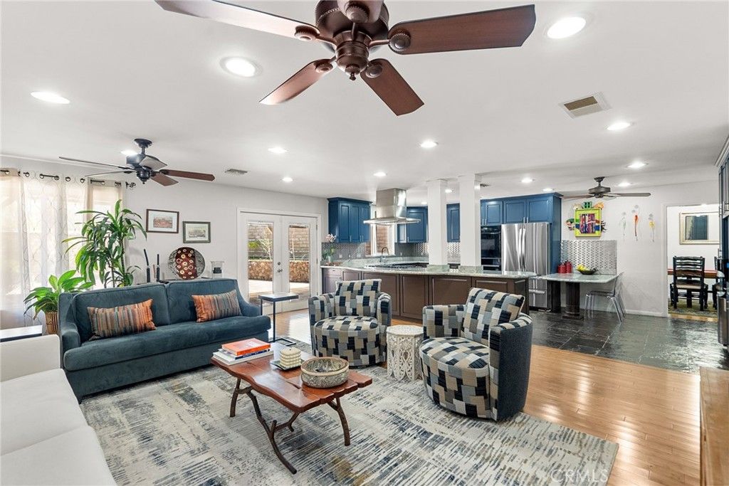 Dining room, Interior, Kitchen, Living room, Recessed Lighting, Stainless Steel Appliances, Wood Texture Flooring