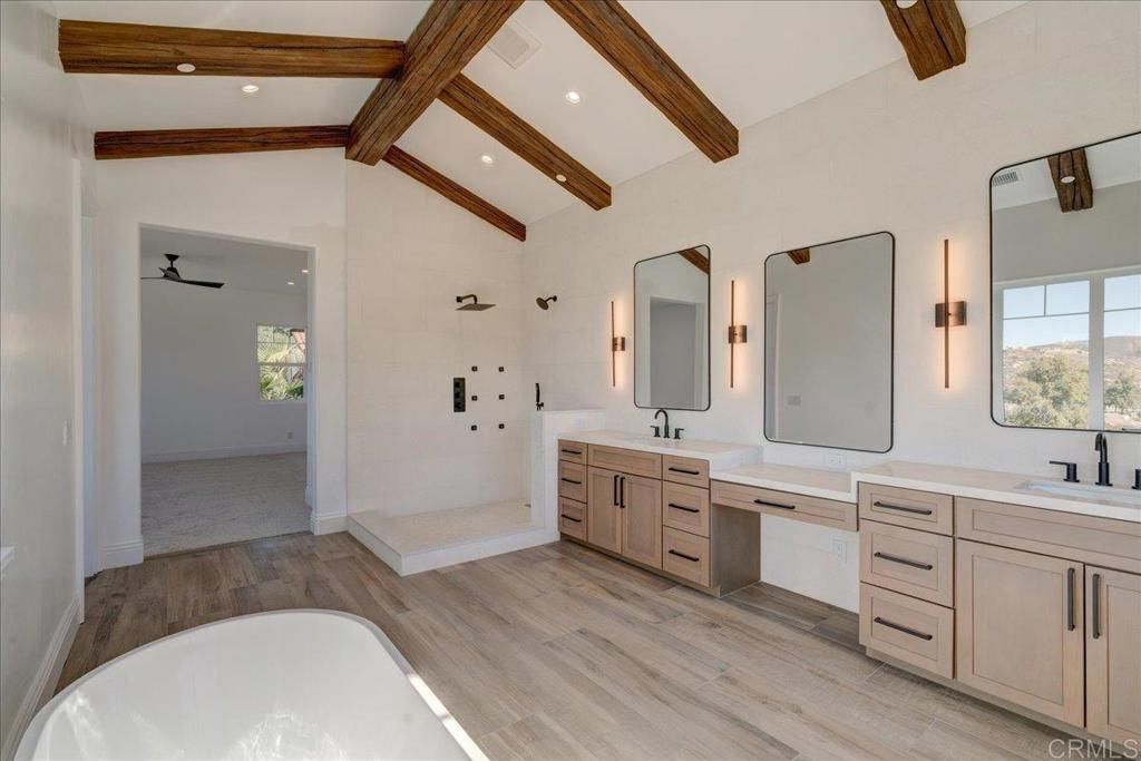 Bathroom, Dual Sink Vanities, Interior, Recessed Lighting, Wooden Beams, Wood Texture Flooring