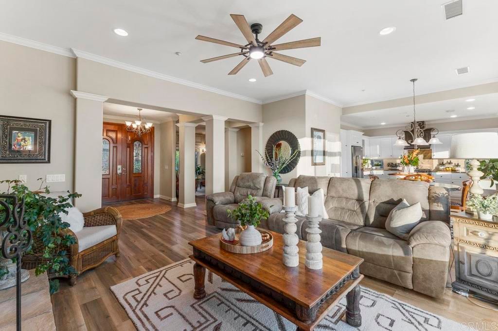 Chandelier, Interior, Kitchen, Living room, Recessed Lighting, Wood Texture Flooring