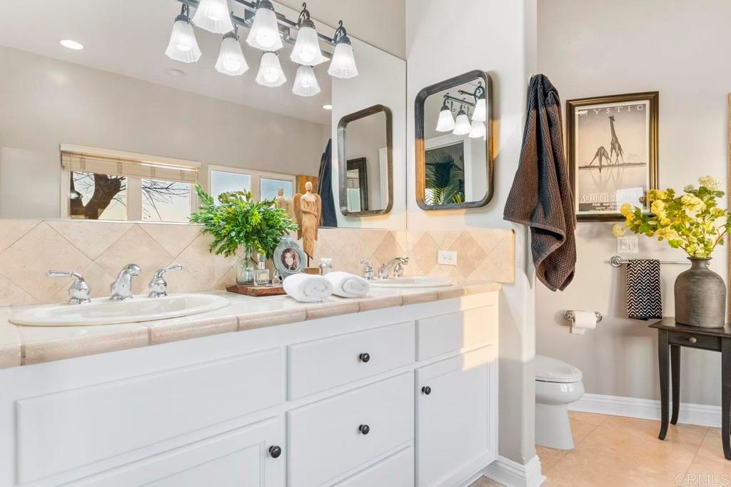 Bathroom, Dual Sink Vanities, Interior, Recessed Lighting, Tile Countertops